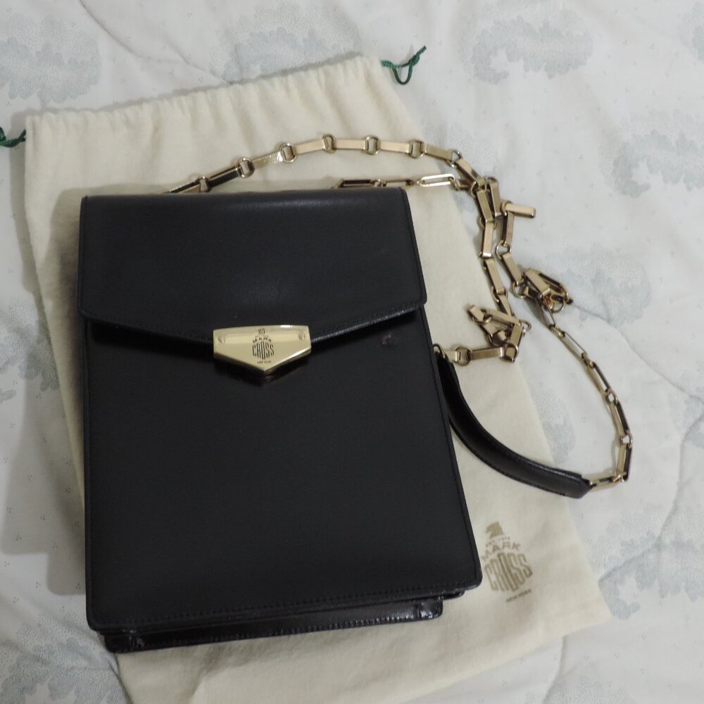 Vintage MARK CROSS Black Leather Shoulder Bag Purse w/Gold Chain strap Mint Cond